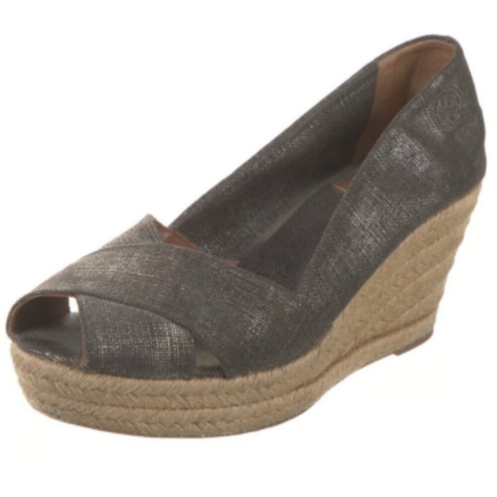 Tory Burch Filipa Pewter Gray Wedge Espadrille Size 10 Peep Toe Sandal EUC